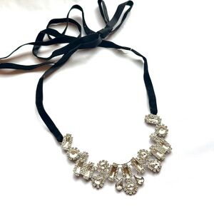 Black Velvet Ribbon Crystal Statement Necklace NWT
